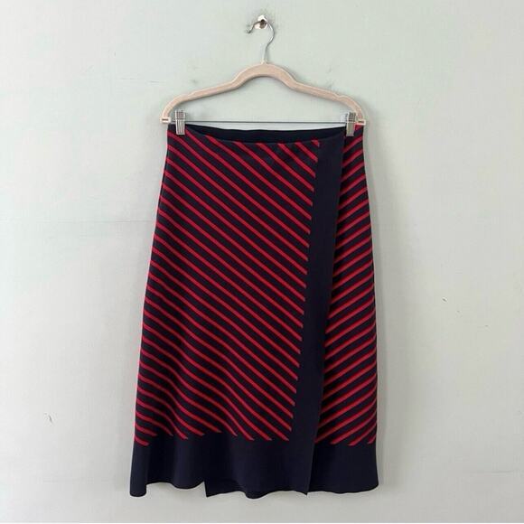 Tory Burch Anya Knit Faux Wrap‎ Medium Navy Blue Nantucket Red A-Line Midi Skirt - Picture 3 of 7